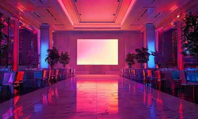 Modern elegant event hall with vibrant lighting and spacious design