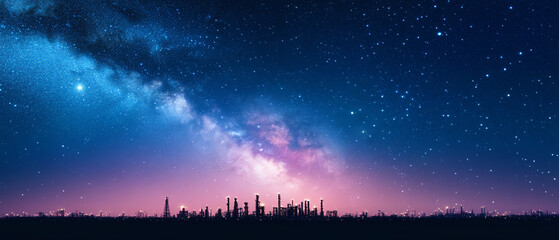 Naklejka premium A stunning night skyline silhouette against a starry sky, featuring vibrant colors and a cosmic backdrop that evokes a sense of wonder.