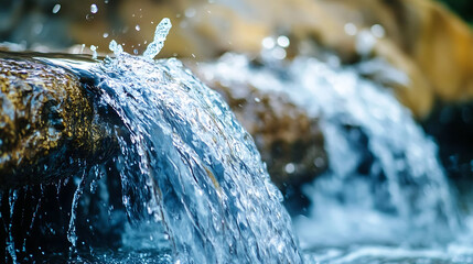 A close-up of water splashing over smooth rocks at the base of a beautiful waterfall, creating a serene and tranquil atmosphere 