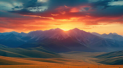 Fototapeta premium A mountain range with a sunset sky of red fused with yellow.