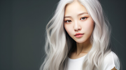 Portrait of smiling asian teenager girl with long and white hair silver background.