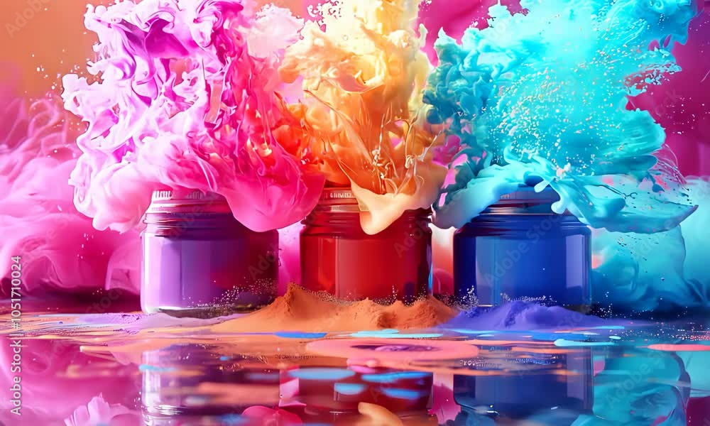 Poster vibrant paint splashes creating artistic color explosion in jars