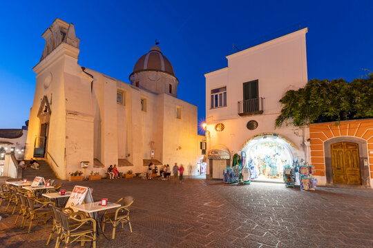 View of Chiesa di San Gaetano church in Piazza Medaglia d'Oro at dusk, Forio, Island of Ischia, Campania, Italy, Europe