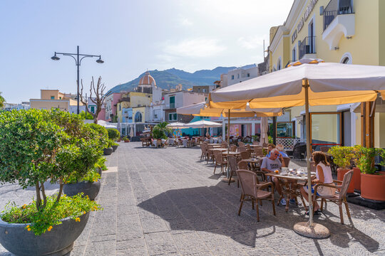 View of cafes, bars and Chiesa di San Gaetano church, Forio, Island of Ischia, Campania, Italy, Europe
