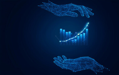 Digital AI Technology Concept. An abstract illustration of hands holding an upward graph, symbolizing growth, success, and achievement. Generative AI
