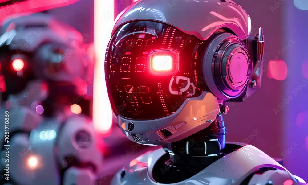 Poster futuristic robots in a high-tech environment with neon lighting