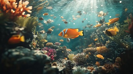 Fototapeta premium Tropical Fish Swimming Through Coral Reef Scene
