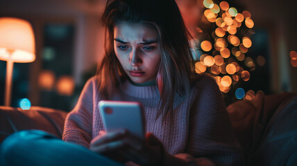 A girl browses her social media feed, visibly upset after encountering hurtful comments directed at her.