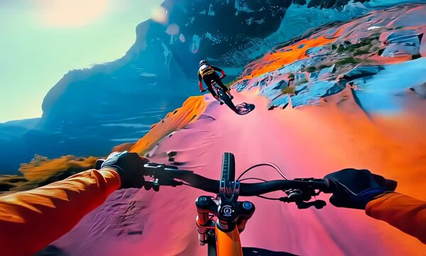 Vibrant mountain biking adventure captured from the cyclist's perspective