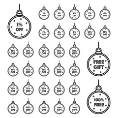 Christmas Ornament Sale Icon. Discounts and gifts. With percentage from one to two hundred. Perfect for Promoting Holiday Discounts. Decoration ball vector in lineal style.