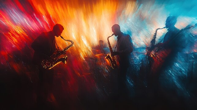Dynamic scene of a jazz band performing on stage, capturing the energy and rhythm of live music with vibrant colors and movement. - Powered by Adobe