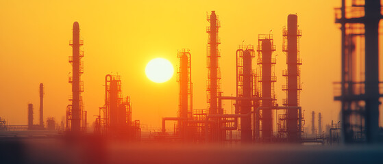 Fototapeta premium Industrial skyline silhouette against an orange sunset, showcasing tall structures of an oil refinery or chemical plant.