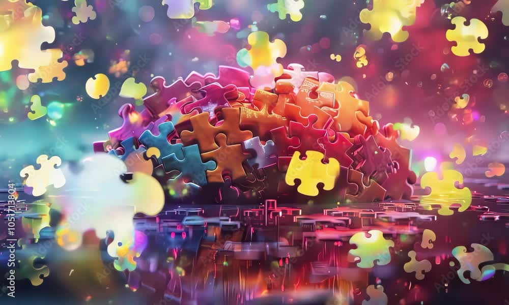 Poster vibrant puzzle pieces creating a colorful abstract arrangement on a reflective surface