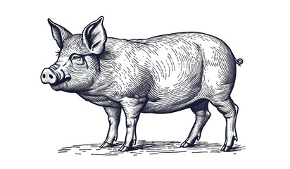 Fototapeta premium Pig, hog, boar. Vintage retro print, black white pig sketch ink pencil style drawing, linear drawing, engrave old school. Sketch artwork silhouette pig, hog, boar. Side view profile. Illustration