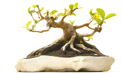 Fototapeta premium A bonsai tree with a twisted trunk and branches, growing in a white pot, isolated on a white background.
