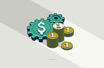 Business and money circulation concept poster, gears with dollar sign vector icon style illustration, economy and finance, economical system.