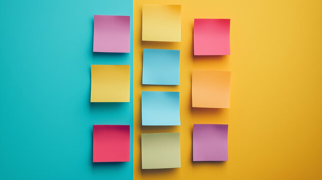 Notizzettel bunte Klebezettel am Fenster Frau mit Brille wie Lehrerin schaut genervt auf Haftnotizen an der Wand Generative AI