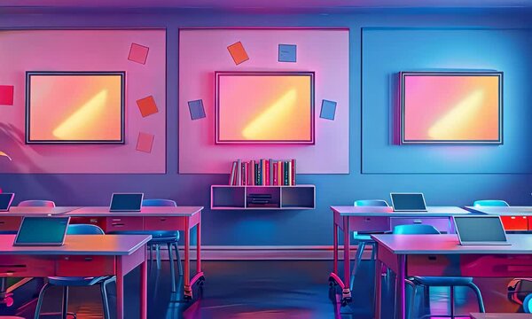 Modern classroom interior with vibrant lighting and colorful decor