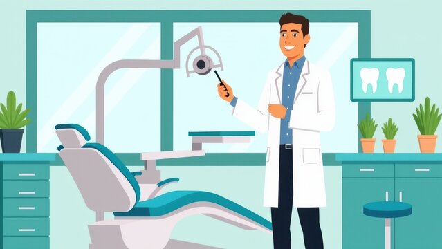 2D vector illustration of a denist in a modern clinic, holding dental tools. Professional and clean dental office setup, perfect for healthcare visuals.