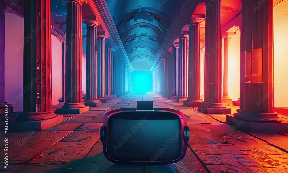 Poster futuristic virtual reality scene with a corridor of columns and glowing light