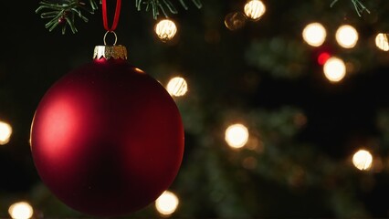 Red Christmas bauble hangs from a pine branch, illuminated by warm lights
