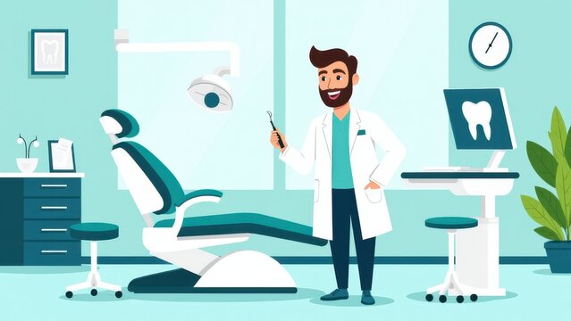 Modern 2D denist in a bright clinic, with dental tools and chair. Clean, welcoming atmosphere perfect for promoting dental services.