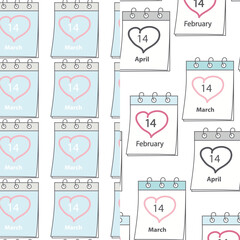 February, March, April 14 Calendar pages with festive date and heart shape stroke Seamless pattern