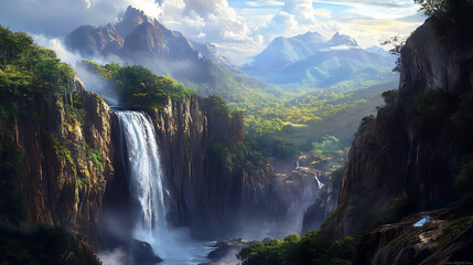 A dramatic waterfall surrounded by rugged cliffs and boulders, with a lush landscape stretching out in the background 