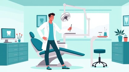 Obraz premium 2D illustration of a denist in a modern clinic with dental chair and equipment. Ideal for medical and dental care themes in stock images.