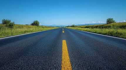 Fototapeta premium Expansive highway stretching into the horizon under a clear blue sky.