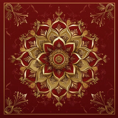 Intricate gold and red mandala design on rich red background with ornate floral and symmetrical decorative elements