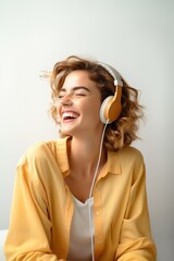 Fototapeta premium A person wearinng headphones enjoy music headset smile adult.