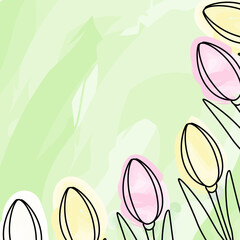 Watercolor Tulips Corner frame border in trendy soft spring colors Womans Day Greeting Template idea