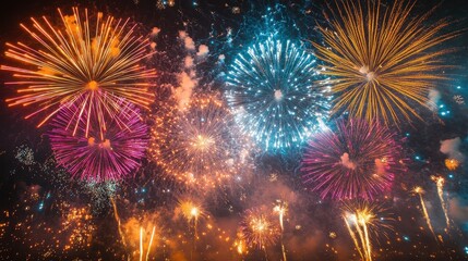 Fototapeta premium Fireworks lighting up the night sky, with colorful bursts creating a joyful atmosphere.