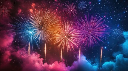 Fototapeta premium Fireworks lighting up the night sky, with colorful bursts creating a joyful atmosphere.
