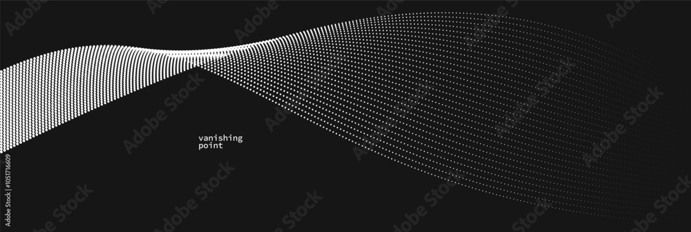 Poster abstract background vector illustration over black, dots in motion by curve lines, particles flow wa