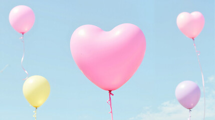 Pink heart balloon with pastel balloons against blue sky