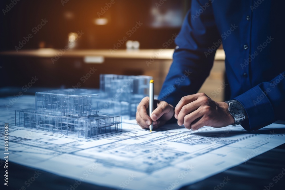 Poster architect engineer design working blueprint planning working.