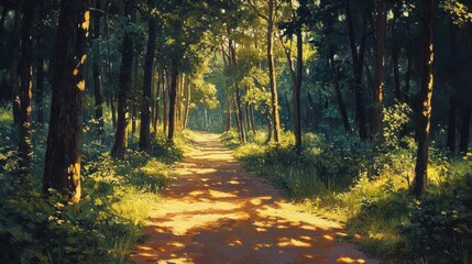 Fototapeta premium Forest path with dappled sunlight