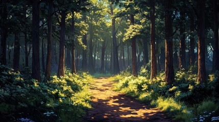 Obraz premium Forest path with dappled sunlight