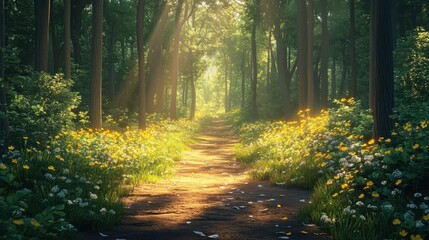 Obraz premium Forest path with dappled sunlight