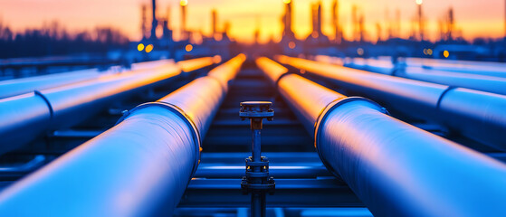 Fototapeta premium Vibrant sunset over a network of industrial pipelines showcasing the connection between energy sources and infrastructure.