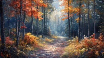 Fototapeta premium Forest trail with colorful foliage