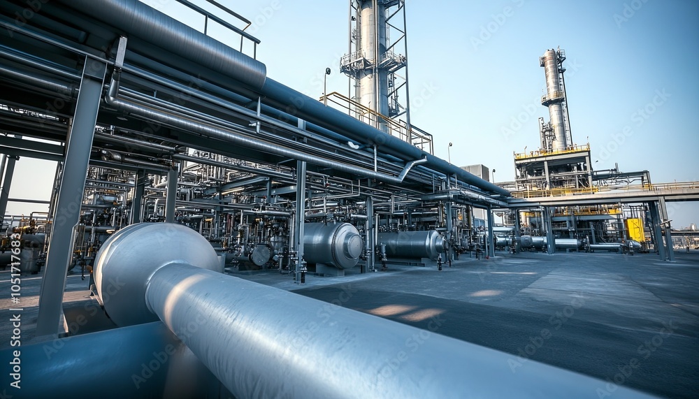 Poster a large industrial plant with many pipes and tanks, creating a sense of complexity and scale.