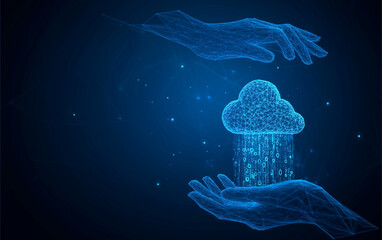Digital AI Technology Concept. An abstract illustration of hands holding a cloud with data streaming out, symbolizing cloud computing, data storage, and security. Generative AI