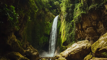 A picturesque waterfall surrounded by ancient rock formations, with vibrant green moss covering the stones 