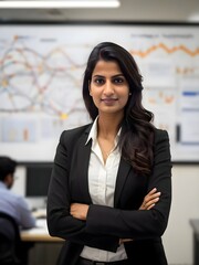 confident young indian businesswoman standing in corporate office