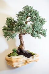 Fototapeta premium A miniature bonsai tree with twisted trunk and green foliage sits on a rock-like base, against a white background.