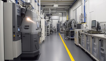 A modern industrial workshop with advanced machinery operating, showing a bright spark coming from one of the machines.