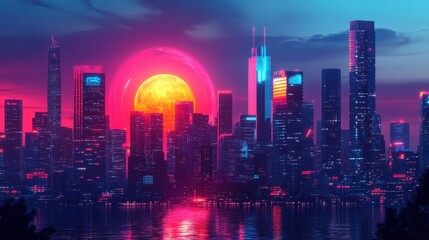 Fototapeta premium Futuristic cityscape with vibrant holographic advertisements.